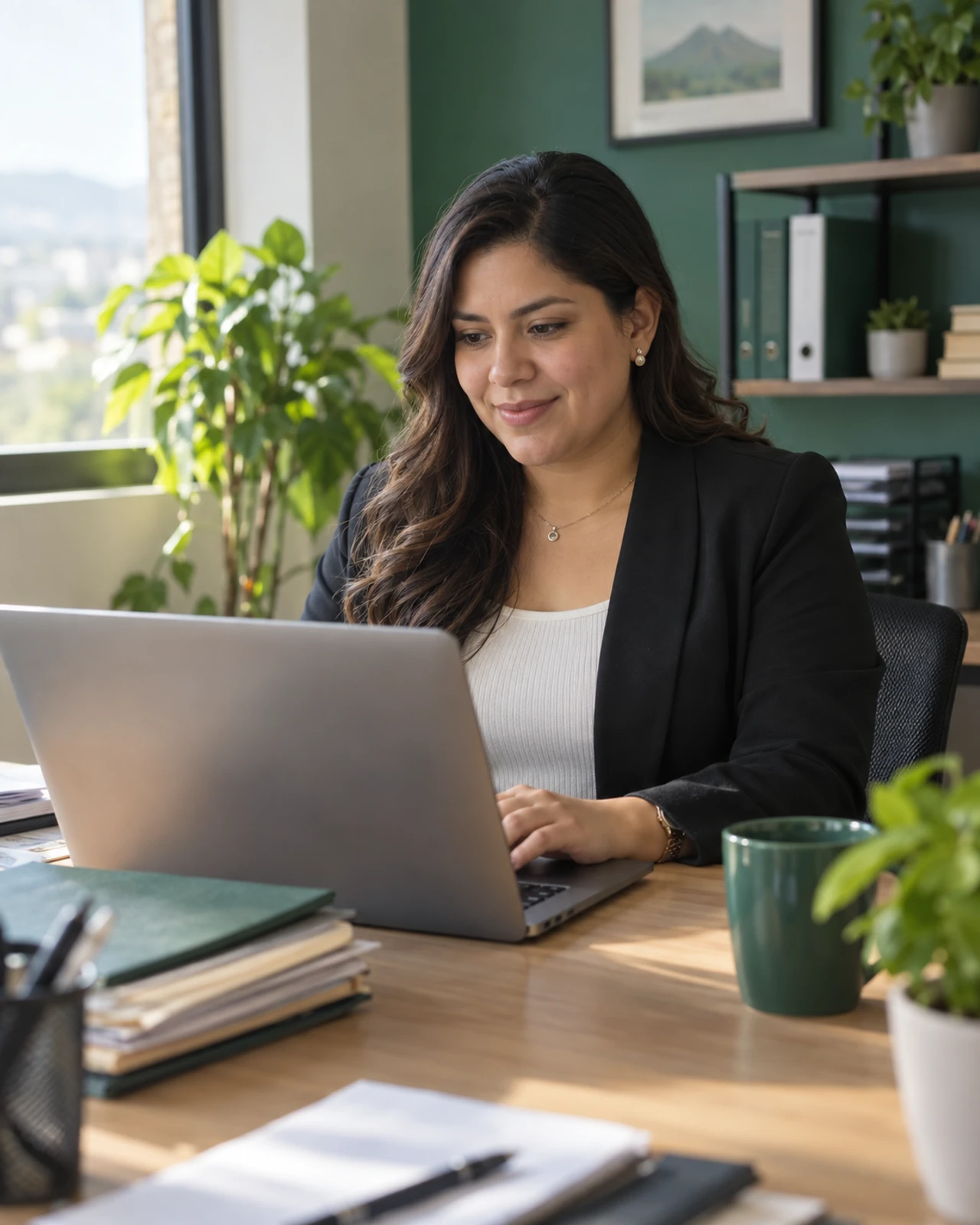 Contadora trabajando con varios clientes en su laptop