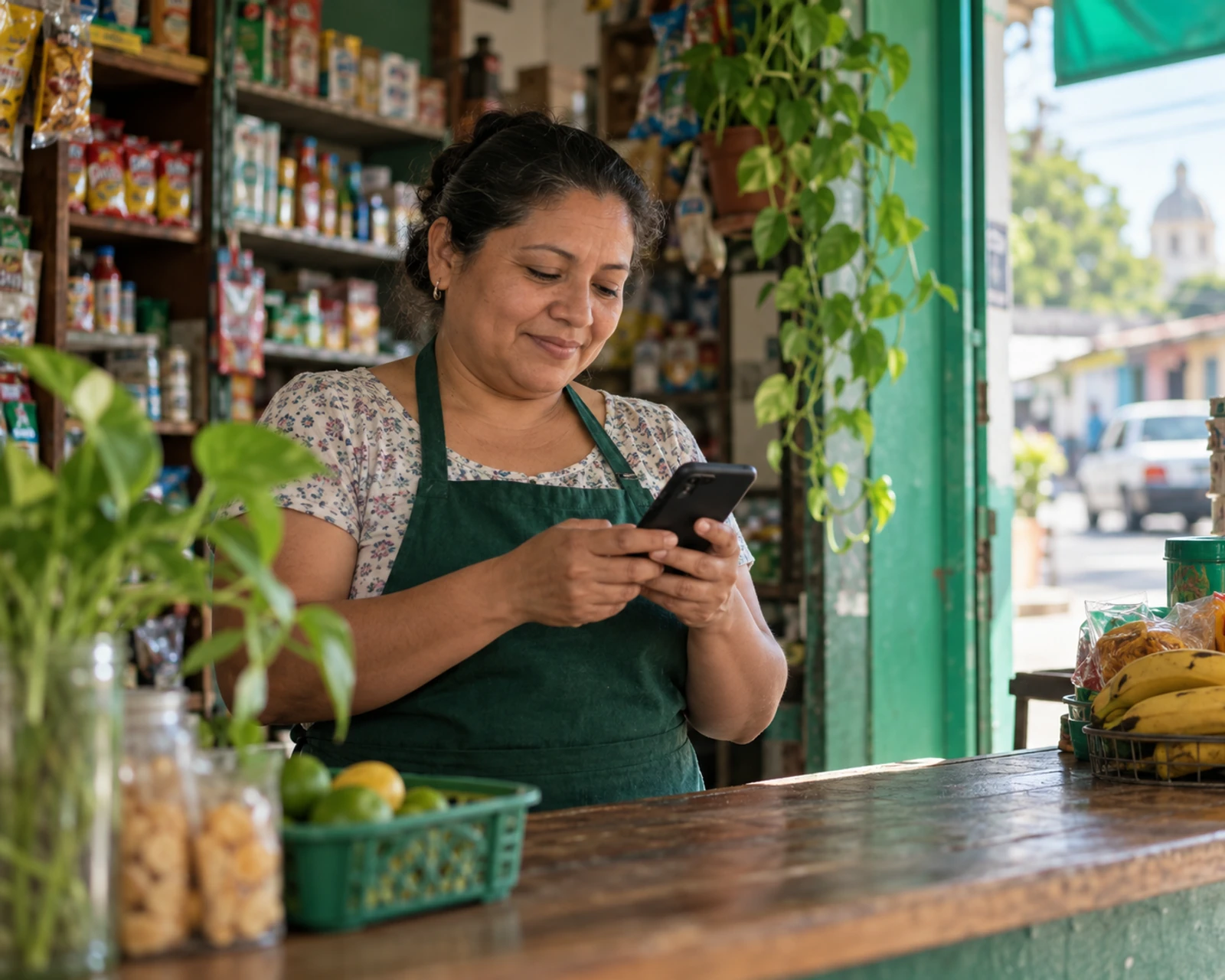 Dueña de una tienda revisando su negocio en el celular